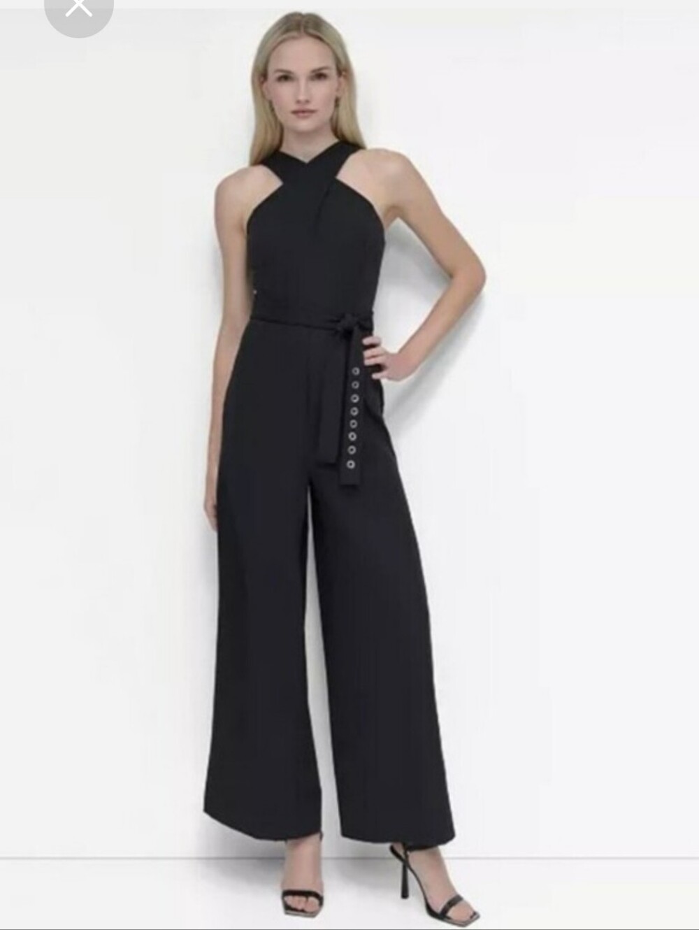 DKNY NWT Black Sleeveless Wide Leg Belted Jumpsuit Size 12 $139 Workwear Party
